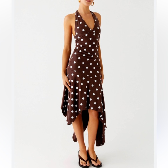 Peppermayo Keylani Halter Midi Dress Chocolate White Polka Dot US 0 - Picture 2 of 6